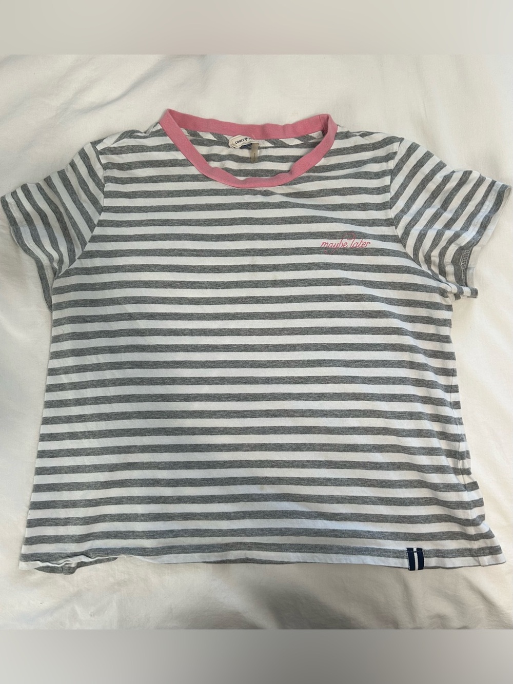 COURT & ROWE Gray and White Striped Tee with Pink Trim